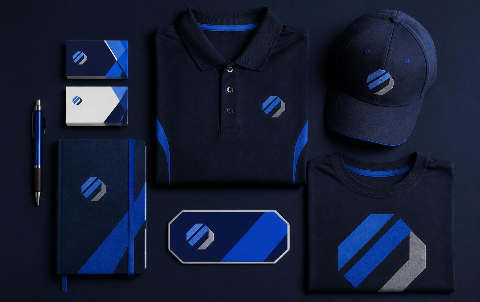 Branded business cards, polo shirt, t-shirt, cap, pen, journal and vehicle magnet in a single navy and blue brand system